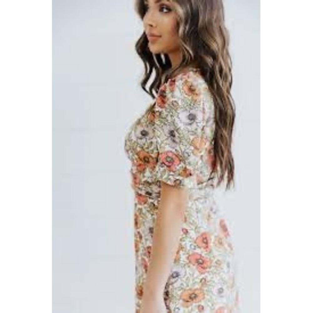 Mikarose Floral Poppy V-Neck Puff Sleeve Modest A-Line Midi Dress Pink Peach M